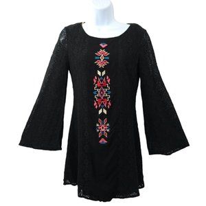 Flying Tomato Aztec Boho Tunic Top Mini Dress Long Bell Sleeve Sz M Black Lace